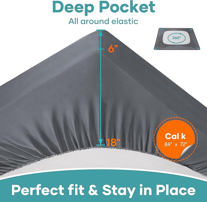 Ohgeni 100% Waterproof Mattress Protector, California King Grey Size, Fitted Sheet with Deep Pockets, 6''-18'', Premium Noiseless Breathable Soft Material, Mattresses Cover for Bed