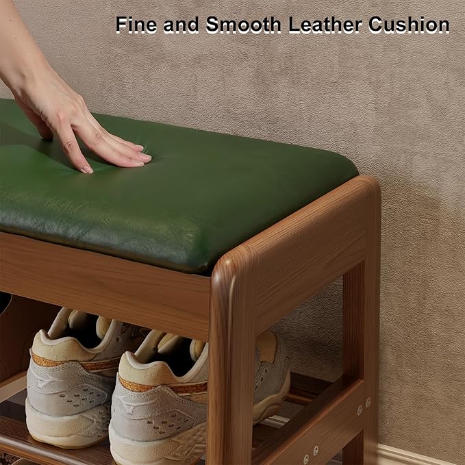 AQIMUELE Shoe Rack Bench,2 Tiers Shoe Bench with Storage with Flip-Top,Wood Shoe Rack for Entryway,Hallway（Green Upholstered Seat,11.8" D x 23.62" W x 15.7" H