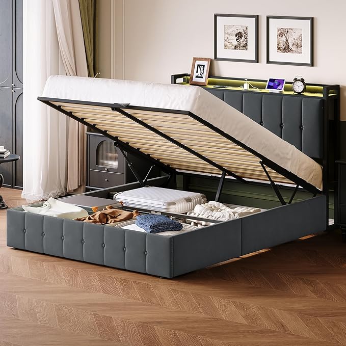 Garvee Queen Size Lift Up Storage Bed with LED Lights, Upholstered Velvet Bed Frame with Storage Headboard & Charging Station, Metal Platform Bed, No Box Spring Needed, Solid Wooden Slats, Grey