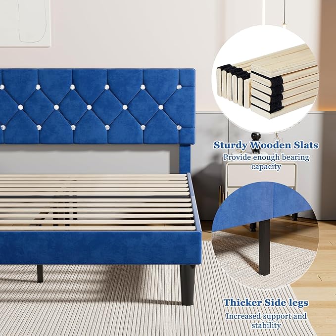 VECELO Queen Size Bed Frame, Upholstered Platform with Adjustable Diamond Tufted Headboard, Wood Slat Support, No Box Spring Needed, Navy Blue