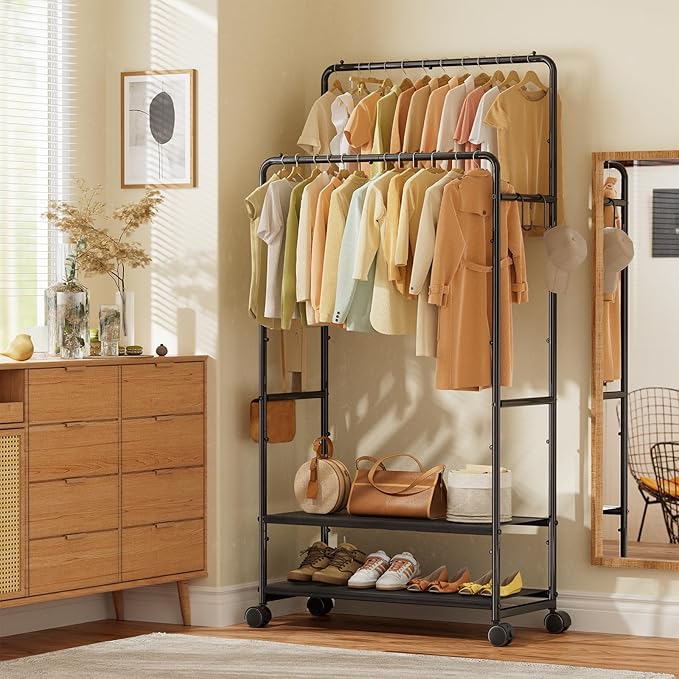 Simple Trending Clothes Rack for Hanging Clothes, Double Rod Clothing Rack with Shelves Load 400 LBS, Garment Rack with Wheels, Black