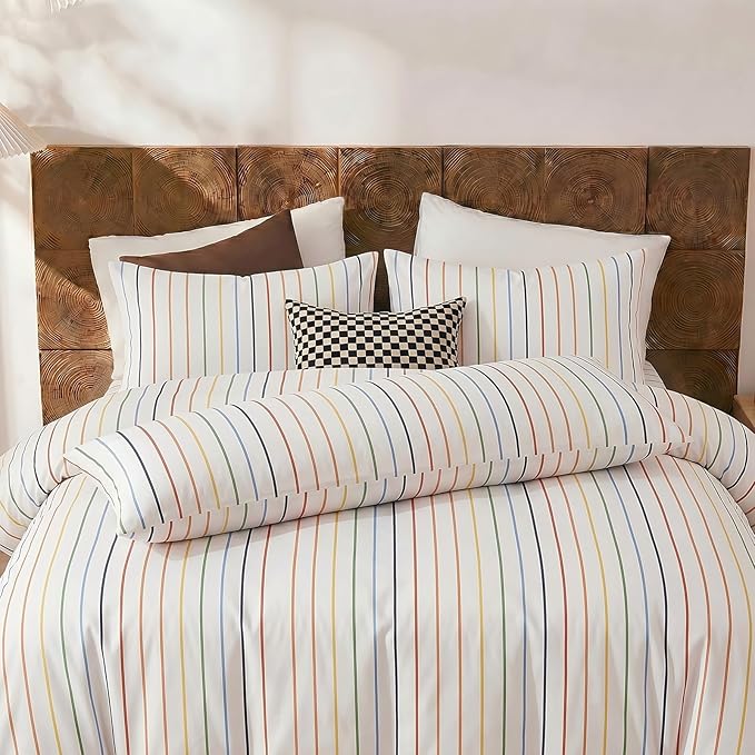 Merryword Queen Size Pillowcases, 100% Cotton Pillow Cases, Rainbow Striped Pillowcases, Luxury Linen Like Pillowcase, Soft Breathable Pinstripe Pillow Covers, Set of 2