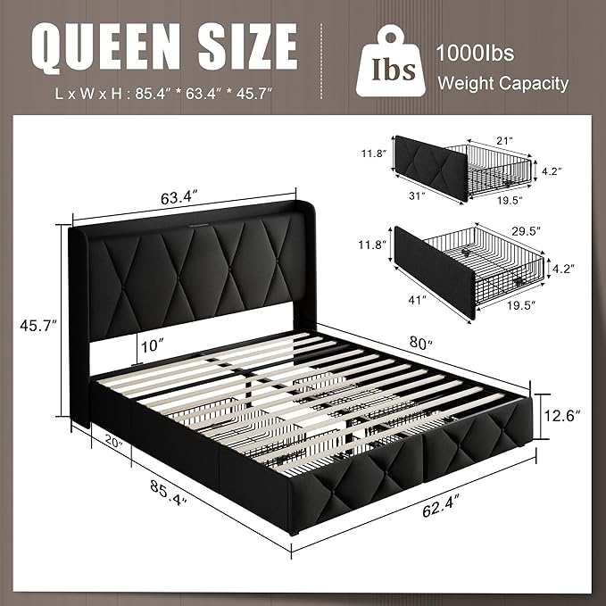 Einhomn Queen Bed Frame with 4 Storage Drawers and Charging Station, Upholstered Platform Bed Frame with Storage Headboard, No Box Spring Needed, Easy Assembly, Black