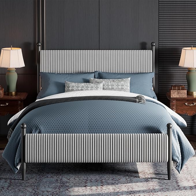 Garvee Full Size Upholstered Bed Frame - with Velvet Headboard, Soft Corduroy Fabric Platform with Wooden Slats Support & Heavy Duty Feet, No Box Spring Needed, Noise Free, Easy Assembly, Grey