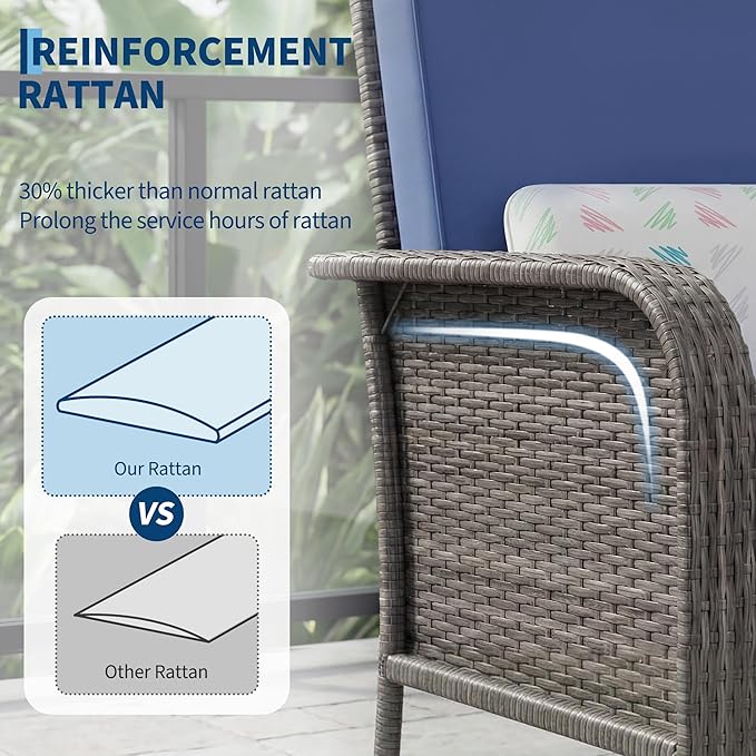 GarveeHome Outdoor Wicker Chairs Set of 2, All-Weather High Back Rattan Patio Furniture, 2-Piece Conversation Set with Comfy Cushions for Porch, Deck (Gray, Blue Cushion)