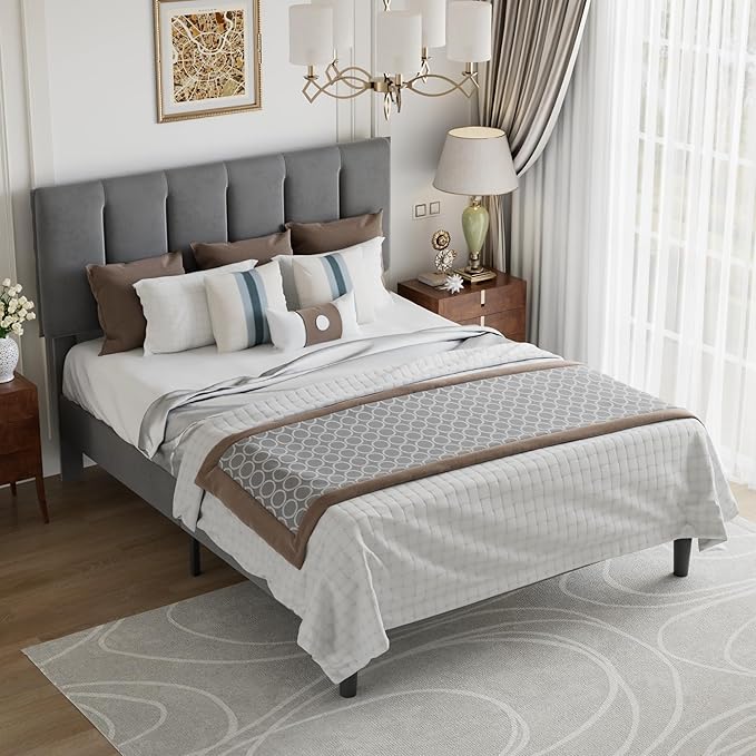 VECELO Full Size Bed Frame with Upholstered Headboard, Platform Bedframe with Strong Wooden Slats Support, No Boxing Spring Needed, Dark Grey