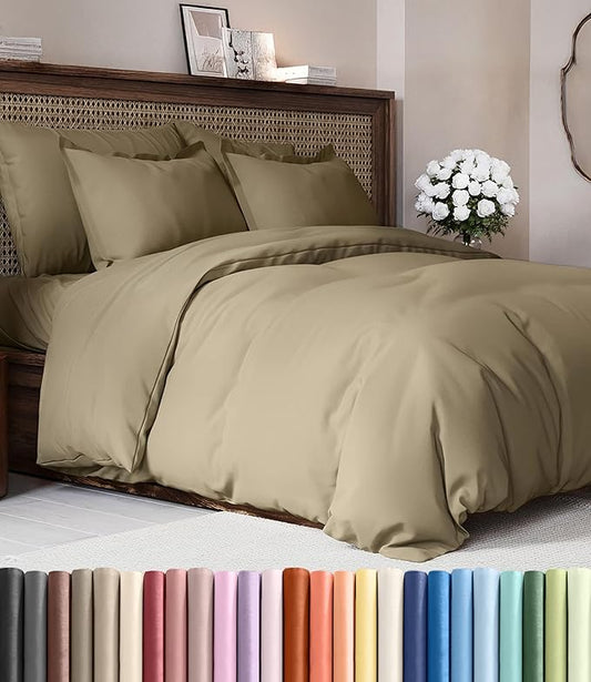 Duvet Cover Full Size Set - Extra Soft Full Duvet Cover 80" x 90" with 2 Pillow Shams - Hotel Luxury, Easy Care and Fade Free w/ Zipper Closures & Ties - All Season, Comfy, Cozy & Breathable (Khaki)