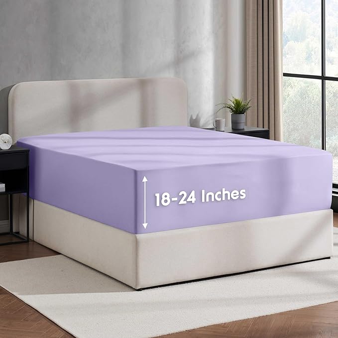 Nestl Lavender California King Fitted Sheet Extra Deep Pocket, Hotel Luxury Cal King Fitted Sheet Only Easily Fits 18 to 24 Inch Mattress, Super Soft, Wrinkle-Free, and Breathable with Corner Straps