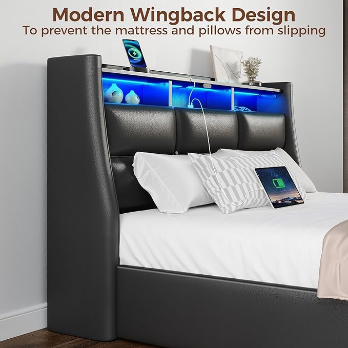 Rolanstar Twin Size Bed Frame with LED Lights and Charging Station, PU Leather Bed Storage Headboard & Drawers, Heavy Duty Wood Slats, Easy Assembly, Black