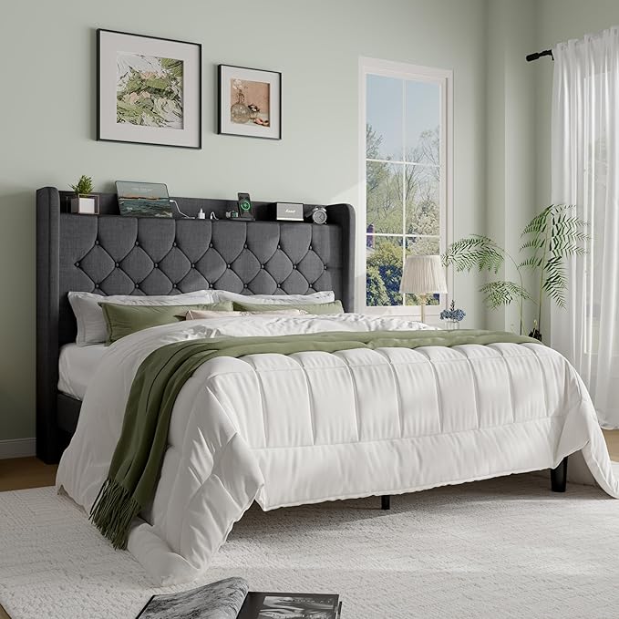 SHA CERLIN Queen Platform Bed Frame with Charging Station, Linen Wingback Headboard with Storage Shelf, Wooden Slats Support, Ample Under-Bed Space, No Box Spring Needed, Easy Assembly, Dark Grey
