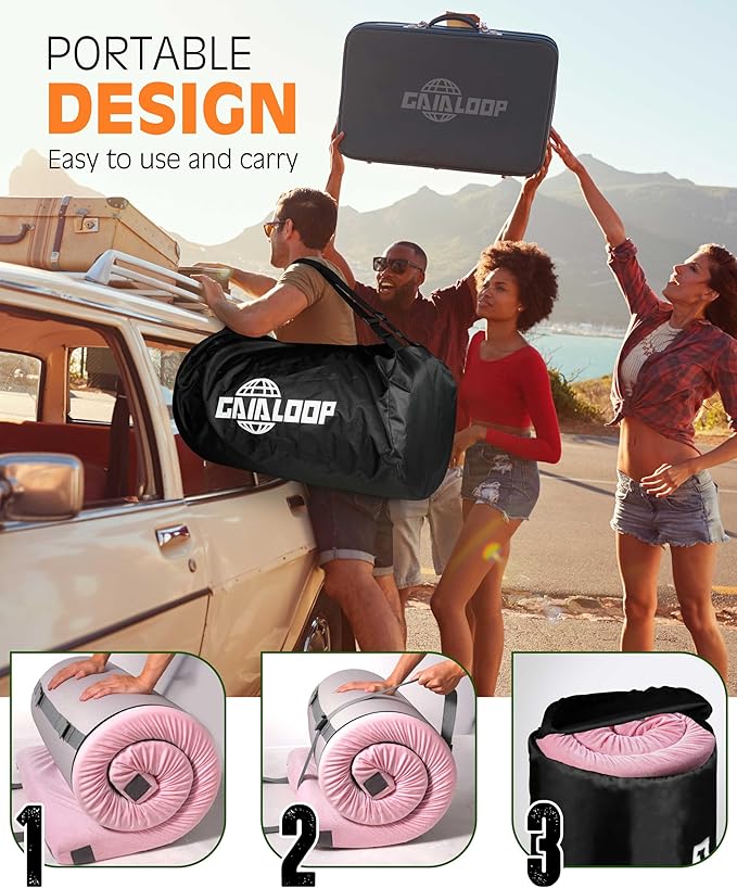 GAIALOOP 3 Inch Memory Foam Camping Mattress, Dual Layer Thick Sleeping Camp Pad for Car Tent Cot, Roll-Up Portable Glamping Floor Bed for Guests Sleepover