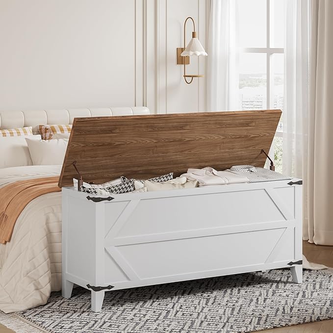 HOOBRO 47.2" Toy Box, Storage Bench with Safety Hinges, Toy Chest Storage, Wooden Storage Chest for Bedroom, Living Room, White and Walnut WH16CW01