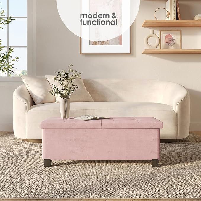 Storage Ottoman Bench with Bins, 43-in Storage Bench for Bedroom End of Bed, Folding Foot Rest Ottoman for Living Room Max 660lbs, Velvet Ottomans, Pink