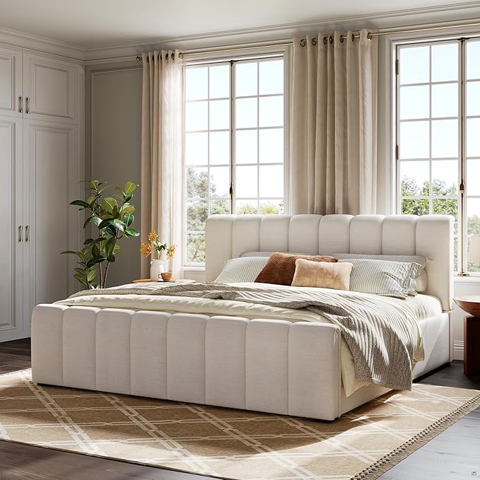 Merax King Size Upholstered Platform Bed with Thick Headboard and Footboard, Block Style Linen Fabric Bed Frame with Solid Wood Legs, Beige