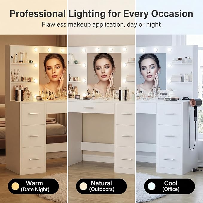 Furmax Vanity Desk with Mirror, LED Lights and Power Outlet Makeup Vanity Table with 7 Drawers and 6 Storage Shelves Dressing Table for Bedroom Dressing Room (Bright White)