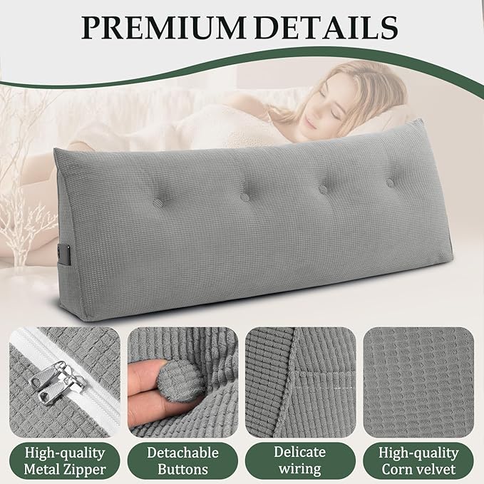 Huatean Home Soft Headboard Pillow Full Size, Wall Backrest Wedge Pillow Headboard Full, Reading Backboard Pillows, Large Dorm Daybed Bolster Pillows for Back Support with Removable Cover, Gray