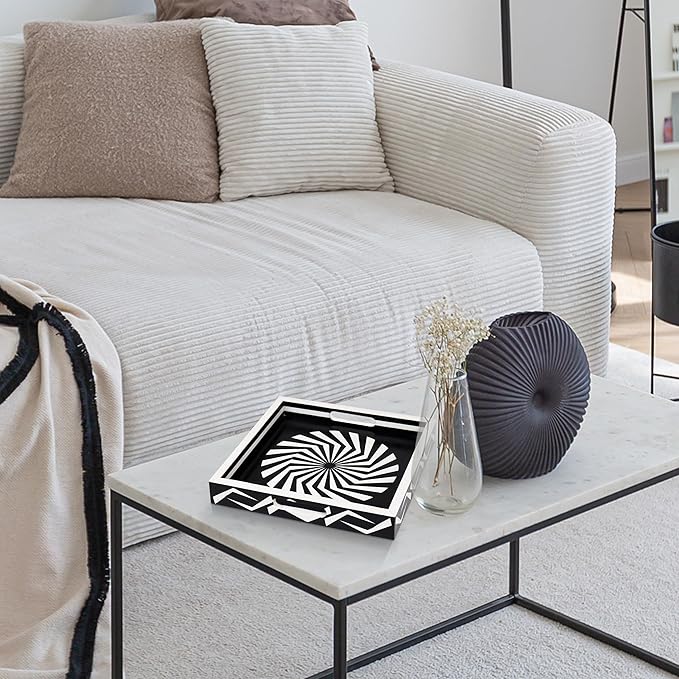 Handicrafts Home 12x12 Ottoman Tray with Handles, Black White Decorative Tray, Resin Inlay Coffee Table Tray for Living Room Decor, Modern Geometric Illusion Optic Pattern Square Serving Tray