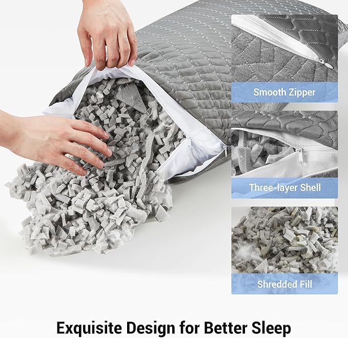 puredown® Pillows Standard Size Set of 2, Shredded Memory Foam Pillows, Cooling Pillow for Sleeping, Bed Pillows Standard Size with Adjustable Foam for Side, Back and Stomach Sleepers, Grey