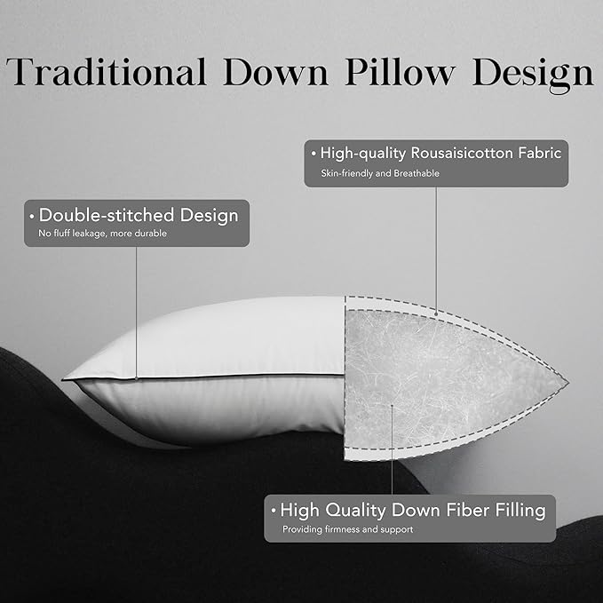Bed Pillows, Luxury Hotel Collection White Premium DownPillow for Sleeping, 650 Fill Power,100% Cotton Fabric, Soft Support, Down Surrounded Pillow for Side and Back Sleepers, Stomach Sleepers