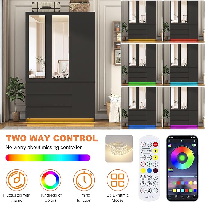 3 Doors Armoire Wooden Wardrobe Closet with 3 Drawers & 2 Mirror, 75"H Clothing Storage Cabinet with Hanging Rod,Modern Bedroom Large Freestanding Armoires with Led Lights for Bedroom,Black