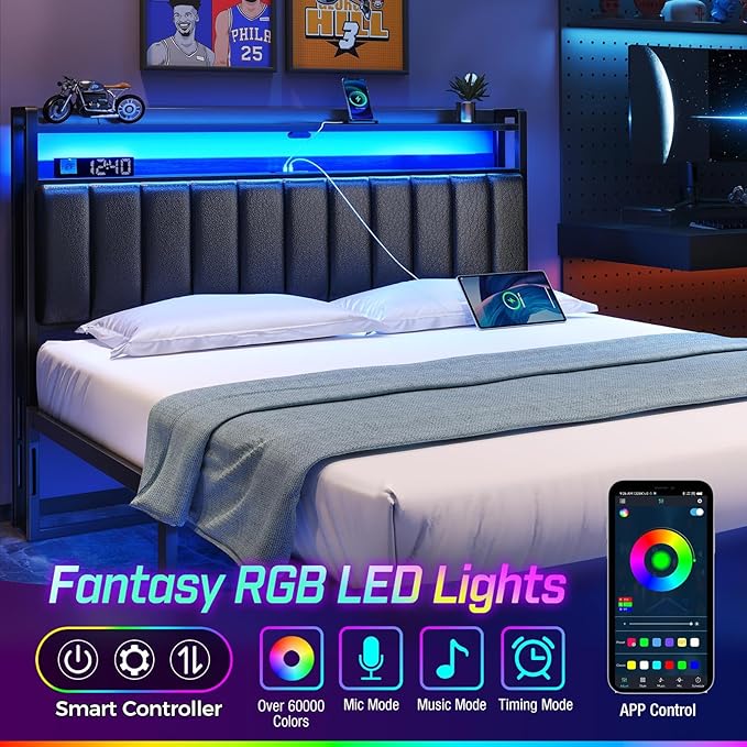 Rolanstar Headboard for Full Size Bed with Storage, 60,000 DIY Color of LED Light, Head Board with USB & Type C Port, Height Adjustable, Black Upholstered Cabeceras de Cama Comfortable Modern, Leather