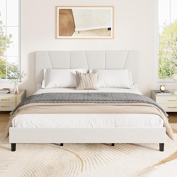 King Size Upholstered Platform Bed Frame with Adjustable Headboard, Fits 8-14 Inch Mattress, Heavy Duty Bed Frame with Wooden Slats Support, Noise-Free, Non-slip, No Box Spring Needed, Easy Assembly