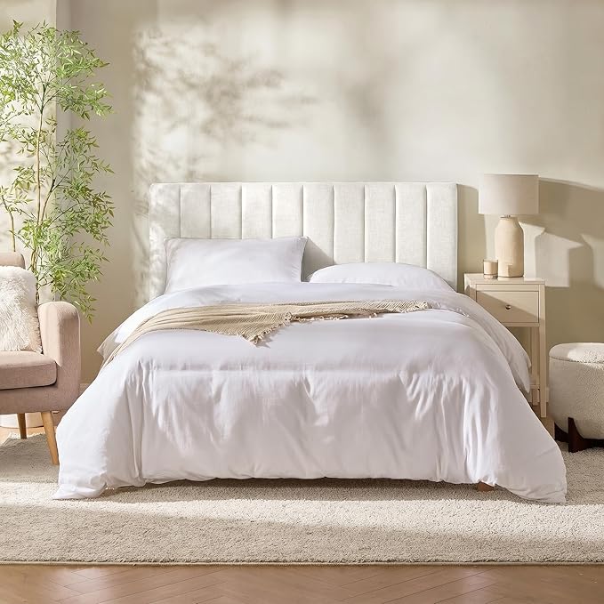 Hearth & Harbor Upholstered Twin Headboard - Easy Assemble Channel Stitched Headboard Twin Size - Wall Mounted Headboards with 3D Soundproof Wall Panels Peel & Stick Floating Headboards, Off White