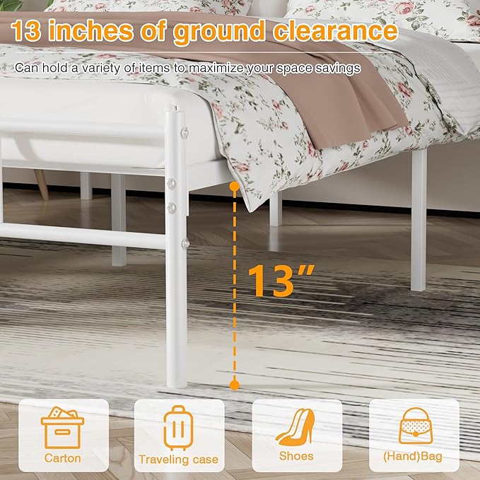 VECELO 14 inch Full Bed Frame White Beds Metal Platform Mattress Foundation with headboard Footboard Steel Slat Support/No Box Spring Needed/Easy Assembly