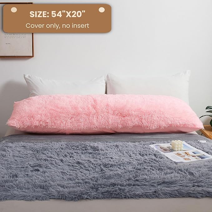 MEGO Pink Faux Fur Body Pillow Cover, 20x54, Fluffy Plush Pillowcase
