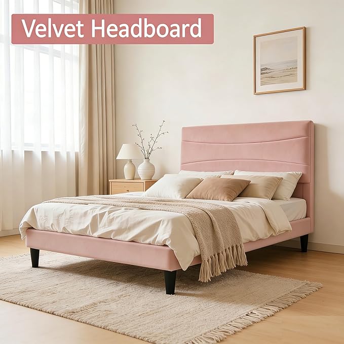 IDEALHOUSE Twin XL Upholstered Platform Bed Frame with Ergonomic Headboard, Beige Soft Fabric, Heavy Duty Wooden Slats, Noise-Free, 6.3" Underbed Storage, No Box Spring Needed, Easy Assembly