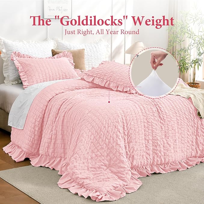 JOLLYVOGUE Pink Seersucker King Comforter Set, 3 Pieces Bed in a Bag Comforter Set, Lightweight & Fluffy Bedding Sets King for All Season with 1 Ruffle Comforter and 2 Ruffle Pillowshams