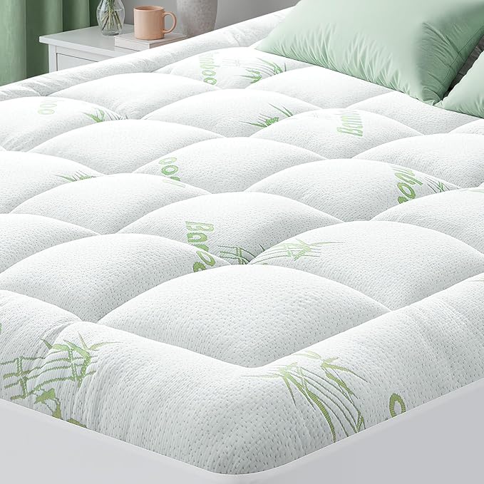 HYLEORY Mattress Topper - Thick Bamboo-Viscose Naturally Cooling Pillow Top Mattress Pad Breathable Fluffy Soft Mattress pad for Back Pain Relief, Full Size, Green
