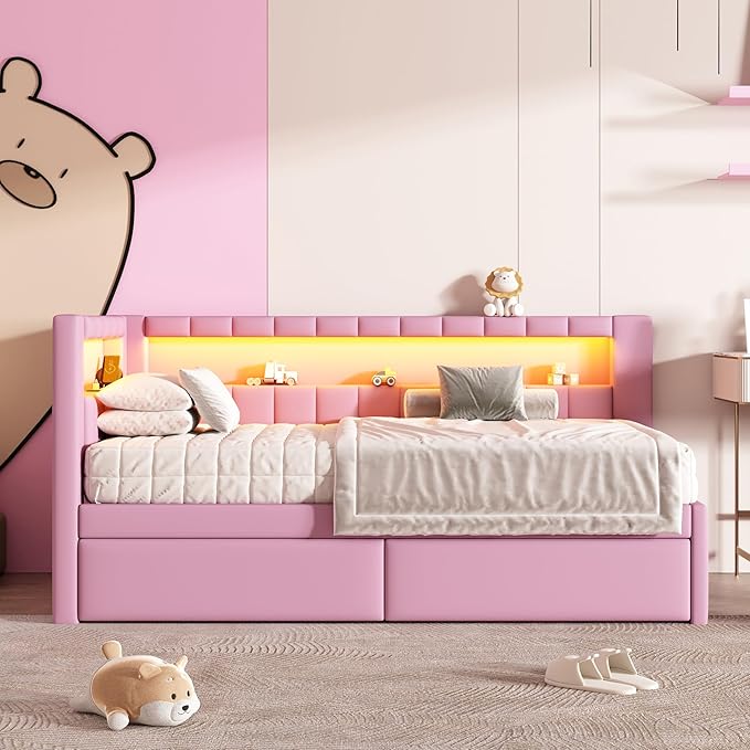 Merax Twin Size Modern Upholstered Platform Bed with USB Ports & Storage Drawers, Floor Sofa Daybed with Wood Slat Support, Storage Bed Frame with Headboard/Twin, Pink