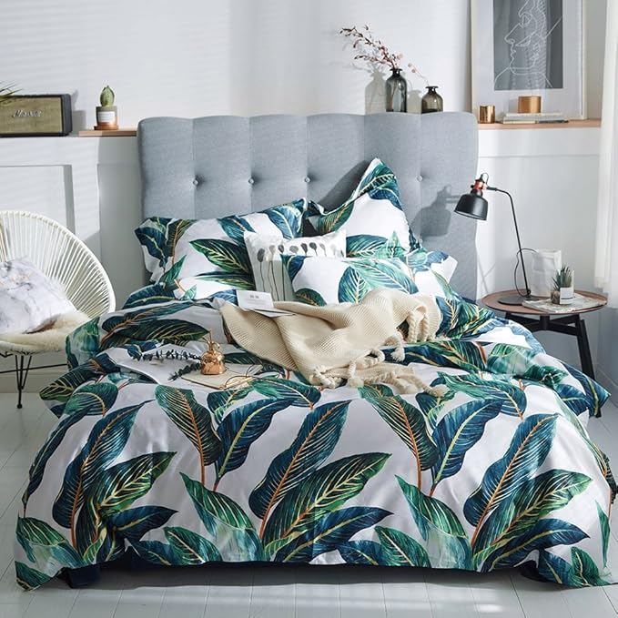 VM VOUGEMARKET Leaves Duvet Cover Set Queen,3 Piece Soft Premium Cotton Green Tropical Palm Tree Comforter Cover with Zipper Closure,Botanical Bedding Set Queen