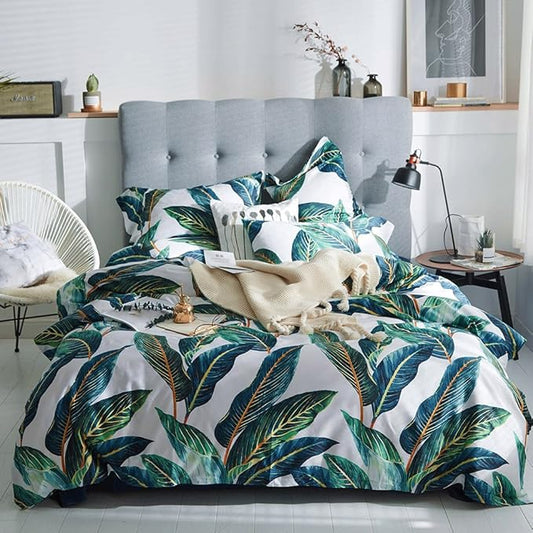 VM VOUGEMARKET Leaves Duvet Cover Set Queen,3 Piece Soft Premium Cotton Green Tropical Palm Tree Comforter Cover with Zipper Closure,Botanical Bedding Set Queen