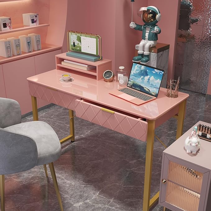 WESTREE Vanity Desk with 2 Drawers and Storage Shelf, Modern Makeup Table with Glossy Desktop, Gold Metal Frame Writing Desk for Bedroom or Home Office, No Mirror