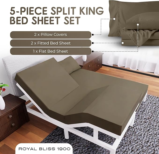 Split King Sheets Set with 2 Twin XL Fitted Sheet - 5 Piece Bedding - Wrinkle Free, Fade Resistant, Double Brushed Microfiber - Deep Pockets/Easy Fit (Taupe)