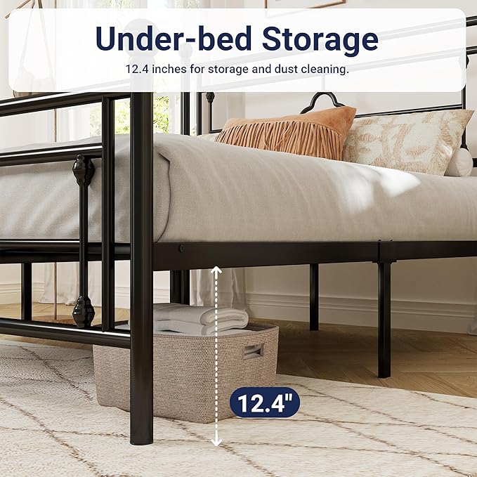 Allewie Queen Size Metal Platform Bed Frame with Victorian Vintage Headboard and Footboard/Mattress Foundation/Under Bed Storage/No Box Spring Needed/Noise-Free/Easy Assembly, Black