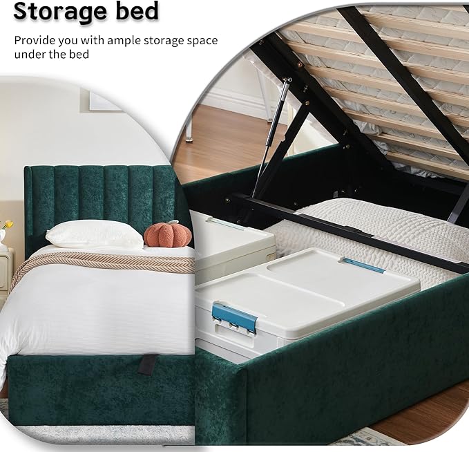 YUHUASHI Queen Size Hydraulic Storage Bed, Upholstered Platform Bed Frame, Modern Wingback Design Headboard, Velvet Fabric with Hydraulic Support Bars, No Box Spring Required (Ink Green, Twin)