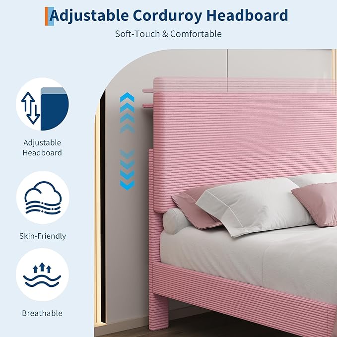 IDEALHOUSE Twin Size Bed Frame, Platform Bed with Adjustable Corduroy Upholstered Storage Headboard and Charging Station, Sturdy Metal Support, Noise Free, Easy Assembly, Pink