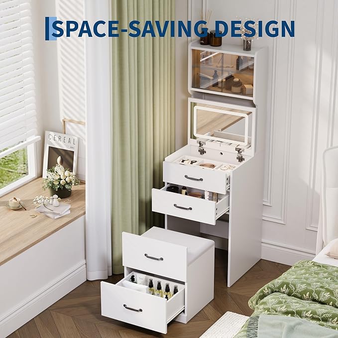 Garvee 3 in 1 Vanity Desk with 3 Color LED, Compact Makeup Vanity Set with 2 AC Outlets & USB, Dressing Table with Drawers & Acrylic Doors, Nightstand Vanity Mirror, Jewelry Box, Hidden Chair, White