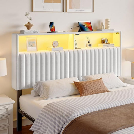 Rolanstar Headboard for Queen Size Bed with Storage, 60,000 DIY Color of LED Light, Head Board with USB & Type C Port, Height Adjustable, Velvet Upholstered, Comfortable Modern, Light White