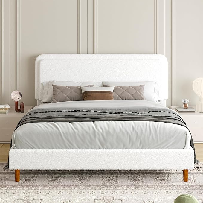 King Size Boucle Upholstered Bed Frame with Adjustable Headboard, Cloud Platform Bed, Solid Wooden Legs, No Box Spring Needed, Easy Assembly, White