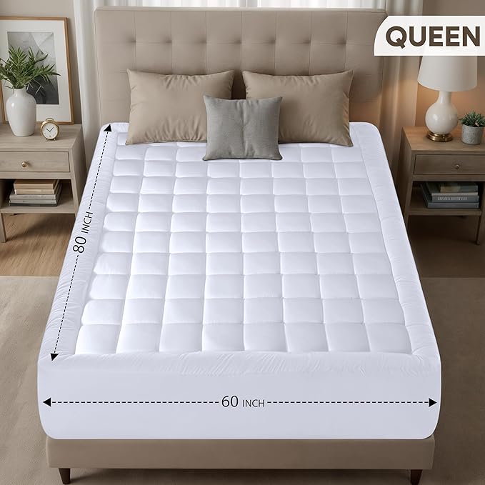 Utopia Bedding Queen Mattress Pad, Quilted Fitted Premium Mattress Protector, Deep Pocket Cover Stretches up to 16 Inches, Fluffy Pillow Topper (60x80 Inches, White)
