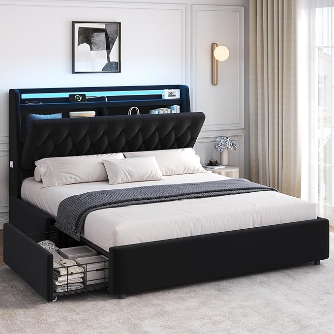 Queen LED Velvet Bed Frame with 2 Storage Drawers&Hidden Headboard, Upholstered Platform Bed with Charging Station&Button Tufted Design, Wooden Slats Support, Box Spring Optional, Easy Assembly, Black