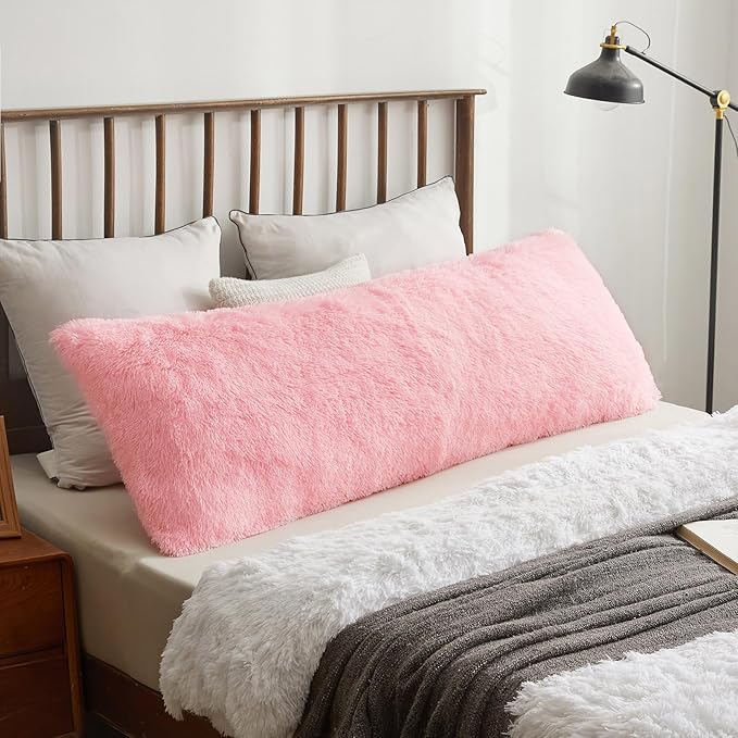 XeGe Cozy 20x54 Long Fluffy Body Pillow Cover, Plush Fuzzy Faux Fur Body Pillowcase with Zipper, Rectangular Furry Bed Pillow Sham for Pregnant Women Side Sleeper, Shaggy Bedding Pillow Light Pink
