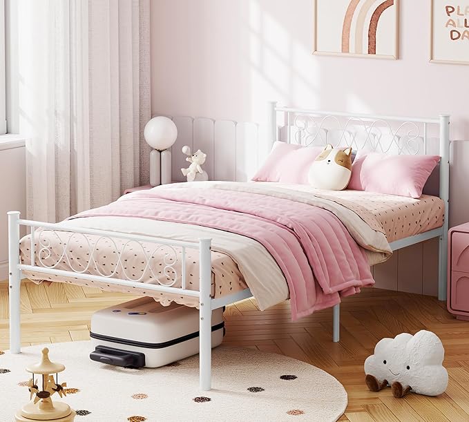 GarveeHome Twin-XL SizeMetal Bed Frame with Headboard & Footboard 13.7 Inch Metal Platform Mattress Foundation Support with Strong Metal Slats, Under Bed Storage, No Box Spring Needed
