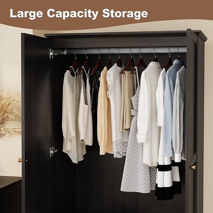 HLR 71" Mid-Century Modern Armoire Wardrobe Closet with Doors and Drawers,Wooden Armoire Storage Cabinet with Hanging Rod for Bedroom,Large Capacity Storage,Black