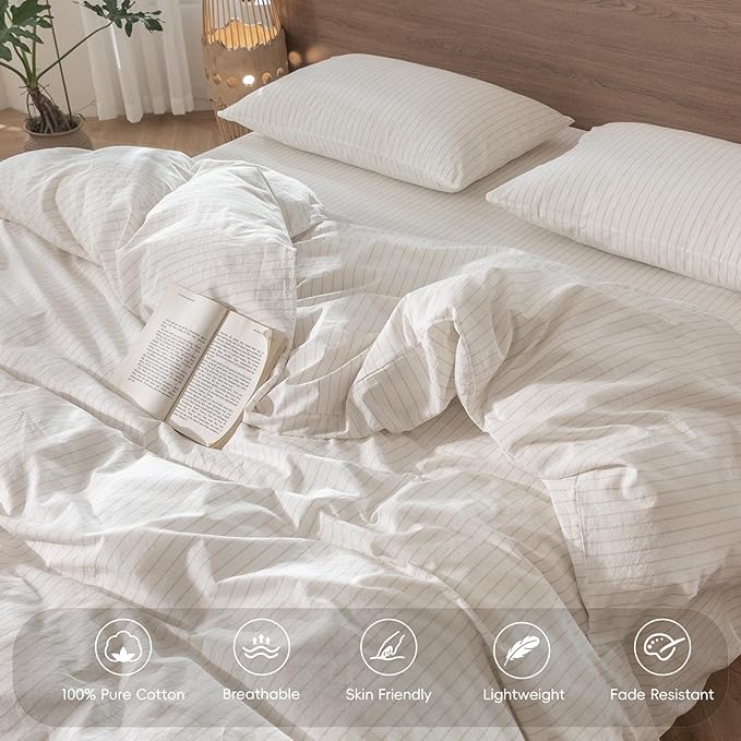 MooMee Striped Duvet Cover Set 100% Washed Cotton Linen Like Textured Breathable Durable Soft Comfy (White Almond Milk Grey Wide Stripes, Super Queen 90"x98")