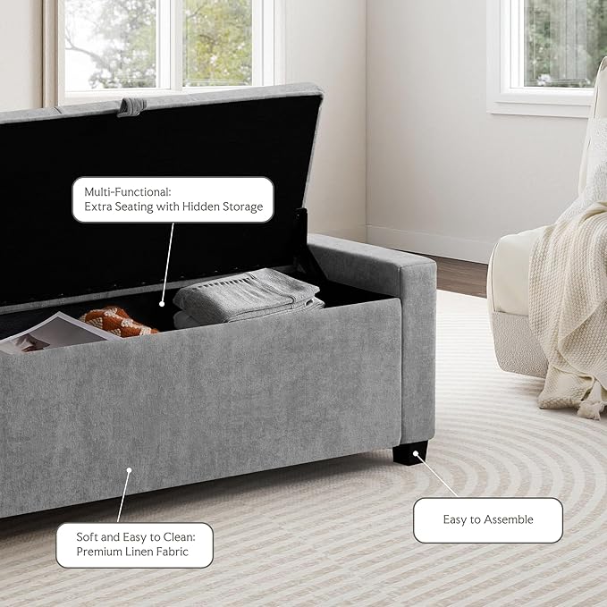 GRAINELL Storage Ottoman Bench, Upholstered Tufted Bedroom Bench with Storage, End of Bed Storage Bench for Living Room & Entryway, 350 lb Capacity, Linen Light Gray